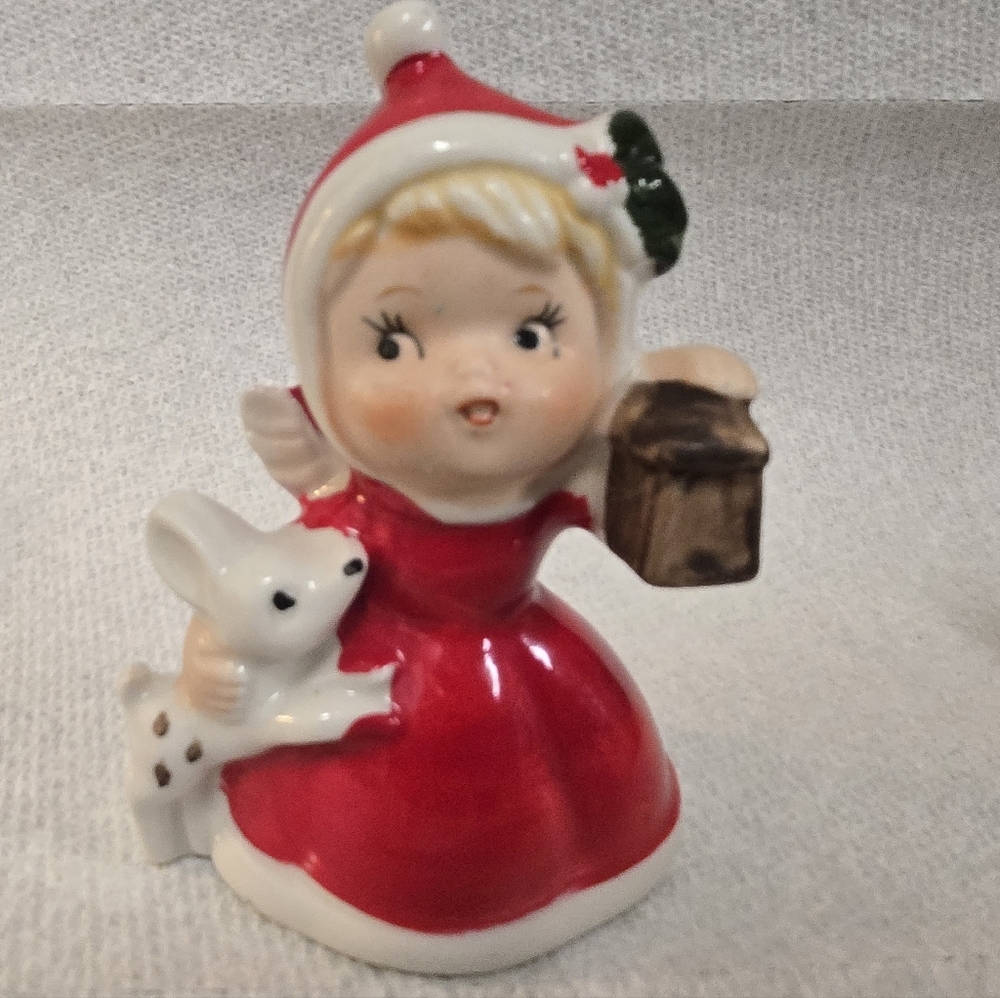 Vintage Japan Ceramics Santa Girl With Deer  And Lantern